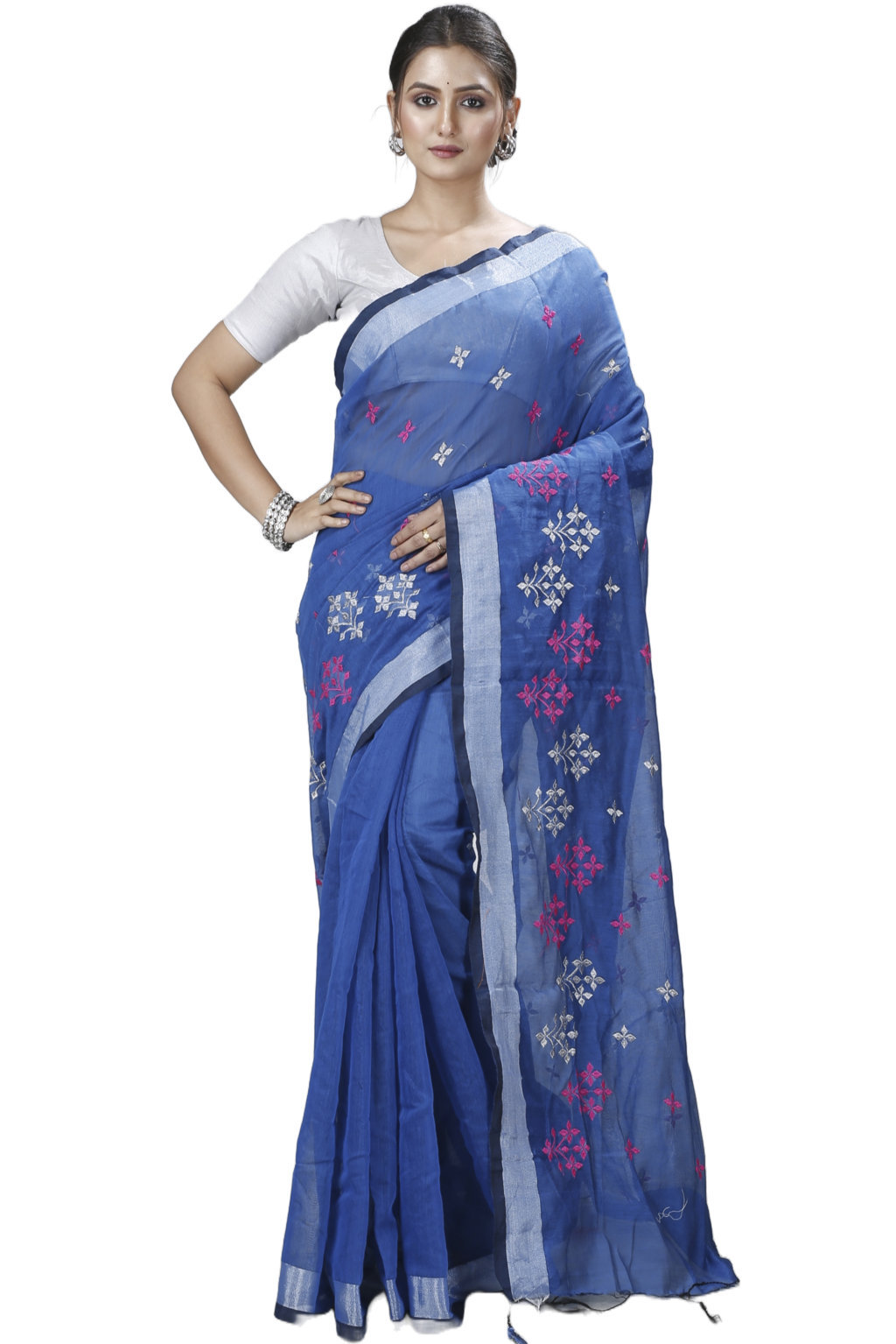 Sky Blue Blended Cotton Tamasi Hand Loom Saree (1207)